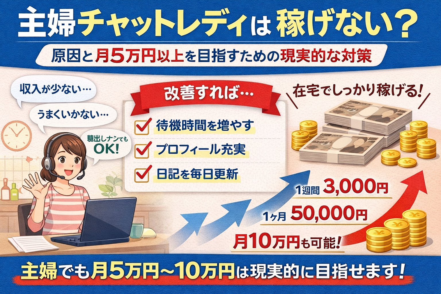 主婦の在宅チャットレディは稼げない?原因と月5万円以上を目指すための現実的な対策